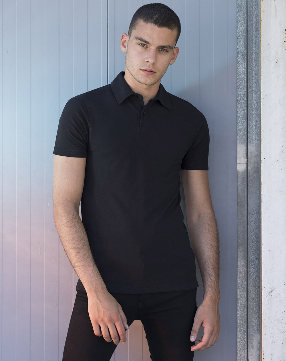 SF042_BLACK_20_01_RP Men´s Short Sleeved Stretch Polo Skinnifit SF042