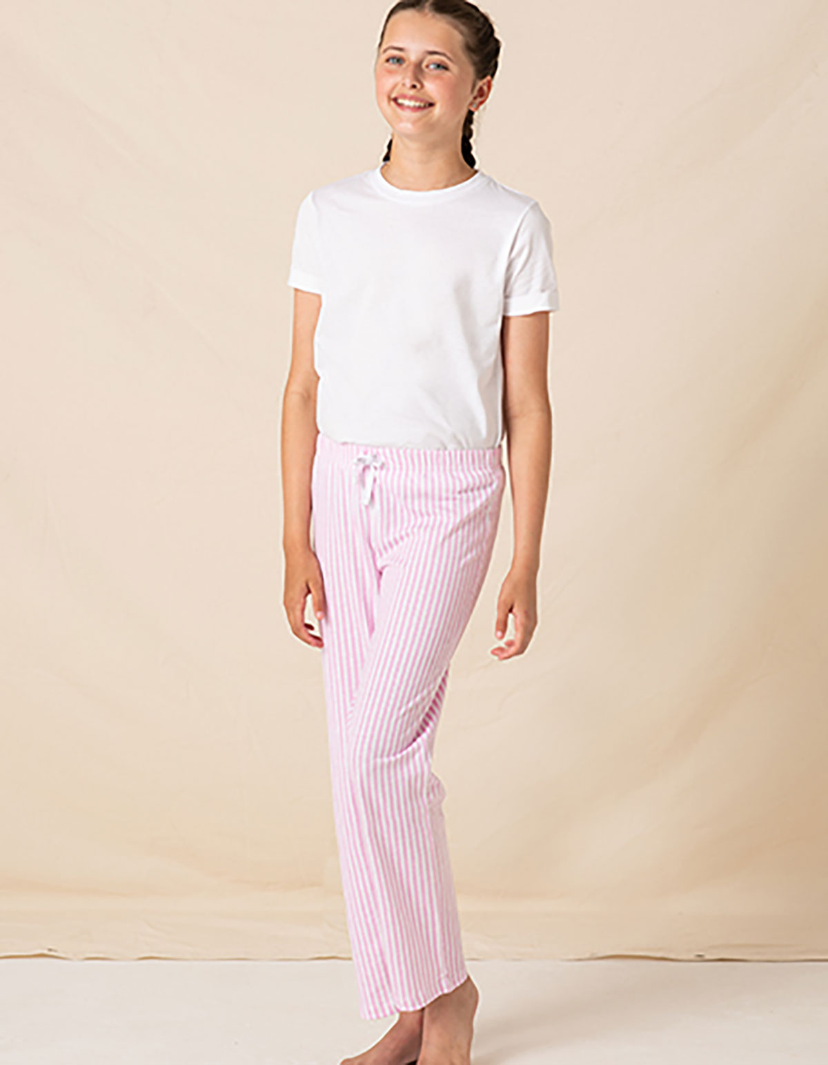 TC-children-long-pyjama-model white / pink-white stripes